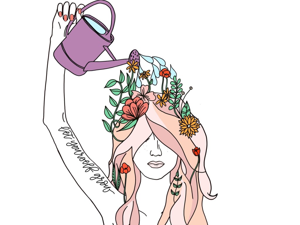 girl watering herself with, flowers growing from her mind