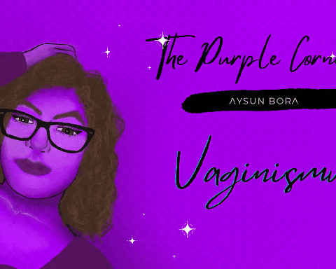 The thumbnail is fully purple. A woman in cartoon design is holding her head. The Title says "The Purple Corner - Aysun Bora - Vaginismus" in black.
