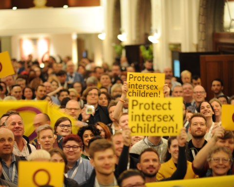 Group photo for the Intersex Awareness day 26th October 2018 at ILGA conference 2018 in Brussels. Image credit Wikipedia